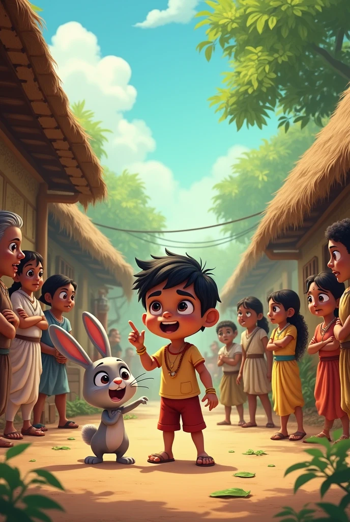 Chintu’s rabbit Clever Plan"

**Scene 1: The Village**
- **Description:** A picturesque, small Indian village with traditional houses and lush greenery. Villagers are seen looking worried and discussing among themselves.