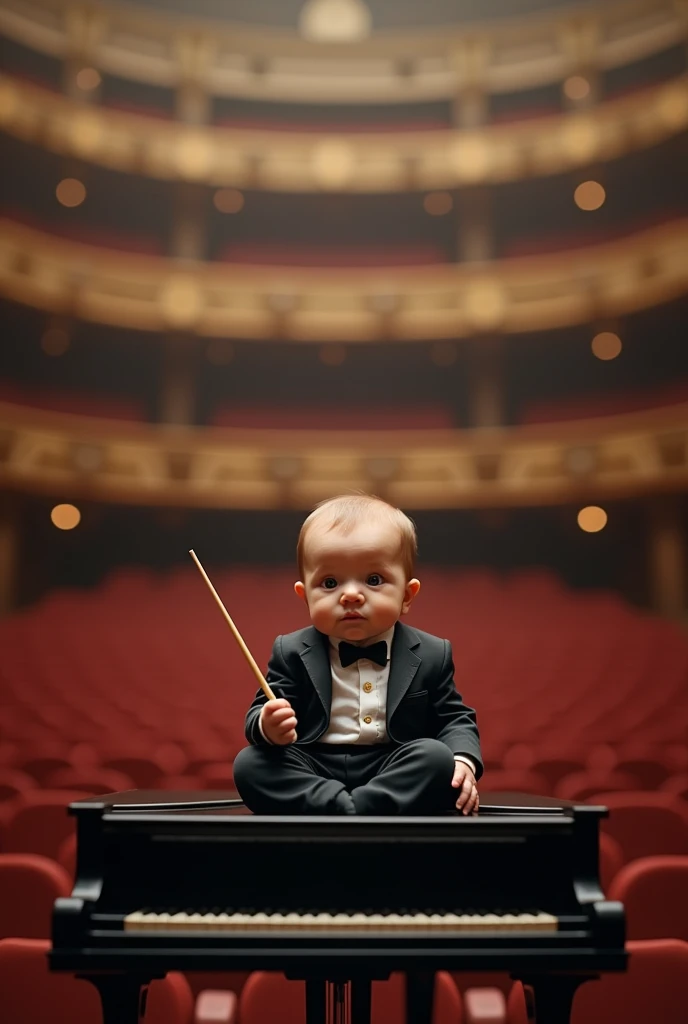 New dressed as an orchestra player playing on a grand piano in a large hall