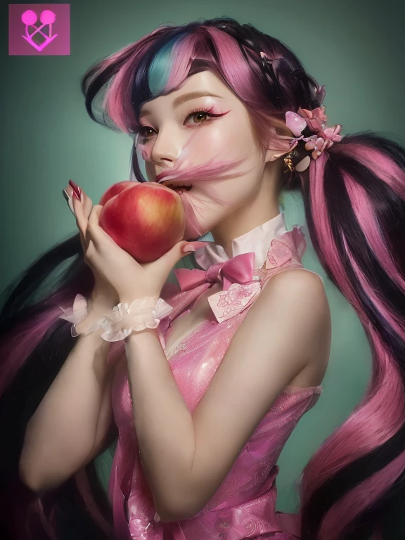 There is a woman with pink hair eating an apple, beautiful dolphin, inspired by Yanjun Cheng, Sha Xi, with apple, jingna zhang, cosplay chica anime, ruan jia and artgerm, a juicy human-like peach, Lu Ji, chen powder, Yanjun Chengt, cosplay photo, guweiz style artwork, cosplay anime