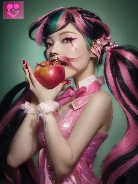 There is a woman with pink hair eating an apple, beautiful dolphin, inspired by Yanjun Cheng, Sha Xi, with apple, jingna zhang, cosplay chica anime, ruan jia and artgerm, a juicy human-like peach, Lu Ji, chen powder, Yanjun Chengt, cosplay photo, guweiz style artwork, cosplay anime