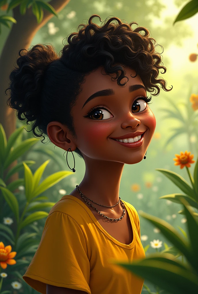 **Prompt d'image**: Une jeune fille souriante, entourée de paysages verdoyants de Guinée.