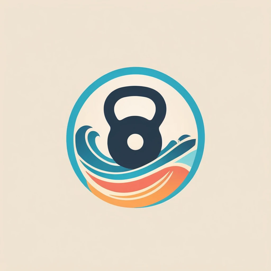 Logo of wave, beach vibes, modern, colorful, features a kettlebell