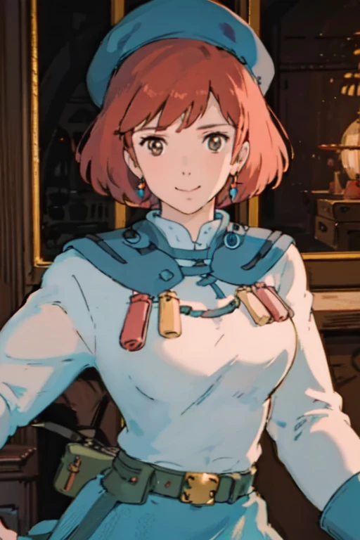 masterpiece, high quality, 1girl,, (masterpiece:1.4), (best qualit:1.4), (high resolution:1.4), 1girl, redhead, big breasts, muscular body, brown eyes, smile, Nausicaa, sit on a chair, colorful, upper body, ghibli style, sfw,  facing the viewer, looking at the viewer, blue uniform, blue skirt, belt, (blue beret)