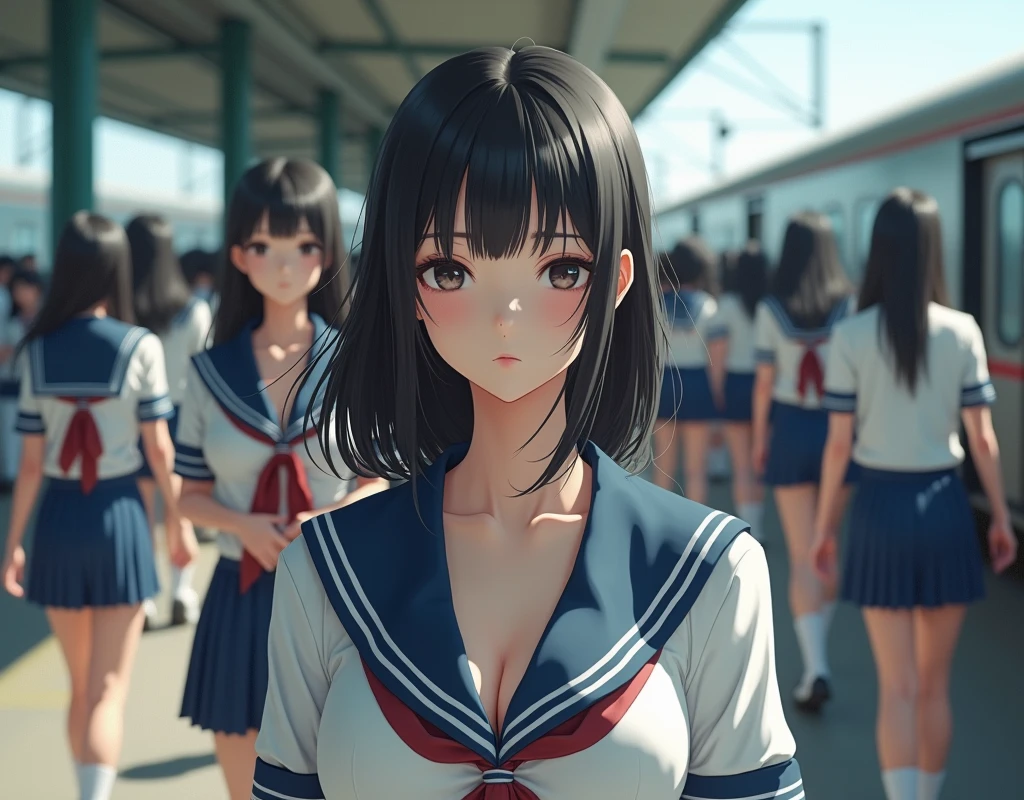 (((((Japanese Clone-girls=Myself))))), (((Super Best masterpiece Clone-girls Raw Photography Art))), (((16K, Highest quality, Ultra-high resolution, RAW Photos))), (((It's so unrealistic., With unparalleled depiction, With an unfathomable sight, An unprecedented and shocking worldview, Clone-girls: In a world of mass reproduction, Ultra-realistic))), (((Japanese Girls, Yokoyama-Yui, 18yo, Small face, Thick black hair, long hair, Dark Eyes, Mature face, Cute Smile, Smiling face, A gentle gaze, (((Very pleasant look)))))), (((Very beautiful detailed girls, Accurate body structure, Accurate body movements, Very detailed body, (((Super big breasts, Large bulge of ample breasts)))))), (((High school girl's summer uniform, Short sleeve, mini skirt, hour々I can see your pants, Cleavage Emphasis, Emphasise the fullness of your breasts))), ((((((((Very detailed, Myself cloning, Depiction of splitting oneself, 1Myself girl→1,000,000,000,000,000,000,000,000,000,000Myself cloning girls)))))))), (((((((Myself clone-girlsから, Myself keeps multiplying, (Very detailed and intricate, To the exact, Flawless, (((In the same female body,With the same face, With the same hairstyle, In the same clothes, At the same height, 同じSuper big breastsである))), In a detailed depiction), 1,000,000,000,000,000,000,000,000,000,000 people))))))), (((((Myself girls only))))), (((((1,000,000,000,000,000,000,000,000,000,000Myself girls))))), Myself waiting for a train on the platform at a station in Japan, Where the wind blows, A super crowded scene, Clear and accurate perspective depiction, Ultra-wide field of view, wide view, Focus on the average value of the image