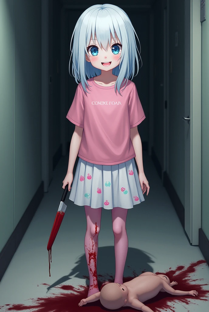 I want an anime girl that has blue eyes, white hair, very pale skin, happy with a smiling face with pink clothes, pink shirt and pink pantyhose and with a white skirt with pink dots and blue stars on the skirt with blood on her clothes and in her hand a knife with which she has blood on her clothes and a dead person in front of her