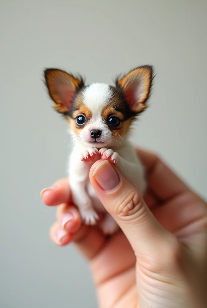 The world&#39;s smallest Papillon, （fur white&Sable）Resting on someone&#39;s finger, is definitely cute and attractive. This picture is very realistic、It accurately captures the subtle features of a small puppy.。.