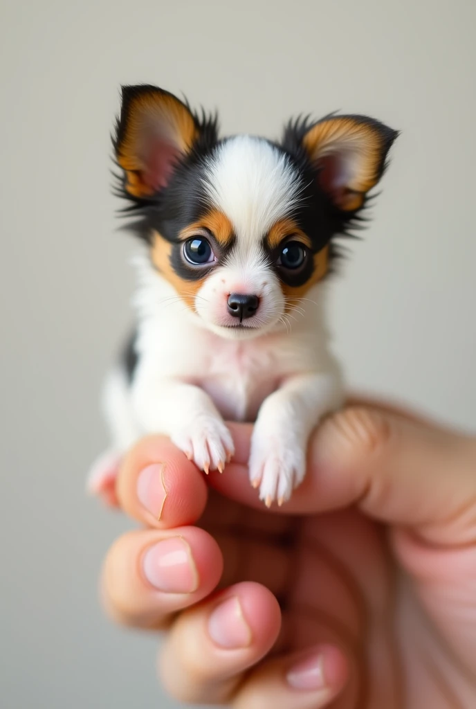 The world's smallest Papillon, (fur white&Sable)Resting on someone's finger, is definitely cute and attractive. This picture is very realistic、It accurately captures the subtle features of a small puppy.。.