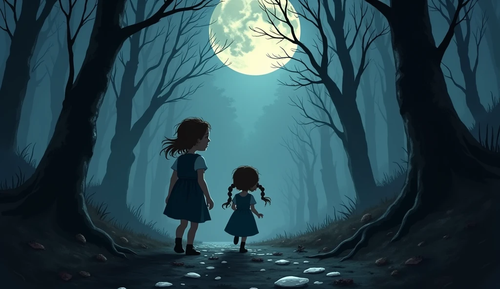 Hansel and Gretel's anxiety, Hansel's determination, moonlight, white pebbles