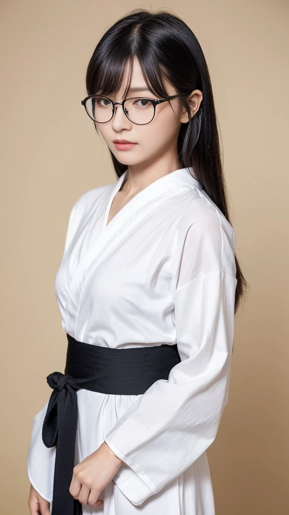 (Highest quality:1.5), (Real:1.4), (Ultra high definition:1.4), (No correction:1.4), (skinny Japanese woman with average size breasts standing front plain background in studio), (A woman wearing black-rimmed glasses), (Very small eyes), (breasts of average size), (Average height), (Cover your forehead with bangs), (Long black hair), (Dark personality expression), (White yukata), (black hair woman is standing with white yukata front plain background in studio), (woman viewed from the front), (Plain background), (Cowboy Shot), (Cold expression), (upright), (A woman with long black hair and glasses), (Bangs that cover the forehead), (Sharp and tiny eyes)