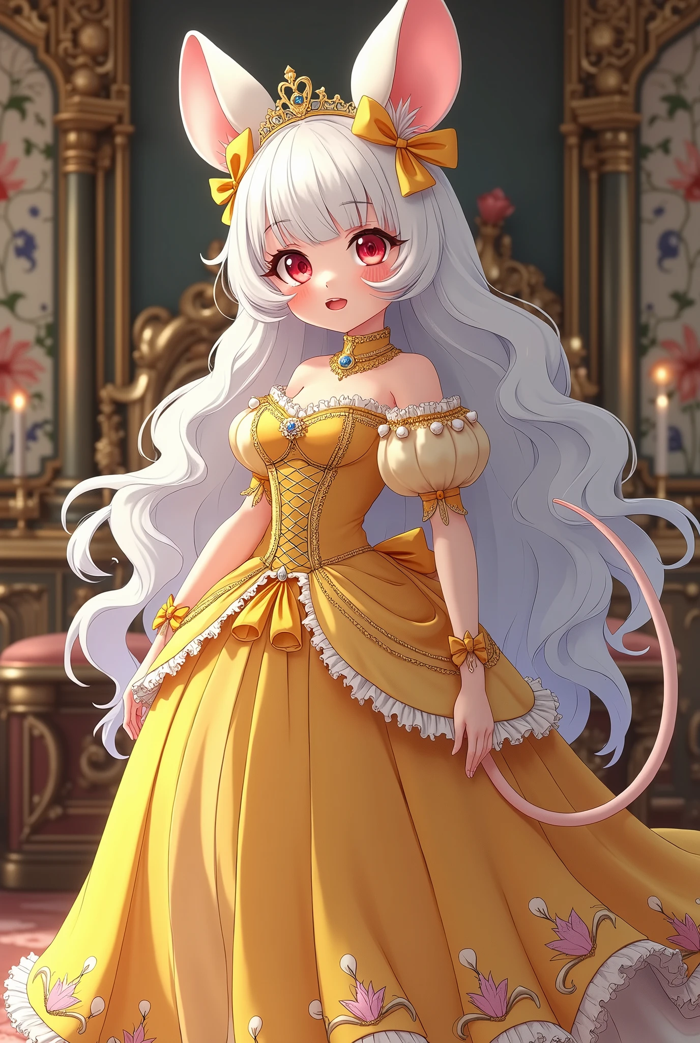 (best quality,4k,8k,highres,masterpiece:1.2), ultra-detailed, Pretty albino girl has a princess, drawn in 2D anime style, steampunk, wearing a yellow princess gown with puffy sleeves, steampunk, gorgeous frilly dress design,flowing gown,elaborate lace details,rich textures,contrast stitching,delicate ribbon bows, fish scales pattern accents, flowers embroidery, full skirt,short sleeves,fitted waistline,flared cuffs,lace-up back,luxurious fabrics,flawless silhouette, long curly white hair and red eyes, white fur, smiling, mouse ears and tail, ribboned high heels, white elbow evening gloves, gold bracelets, tiara made of seashells, beautifully detailed lips with lipstick, long eyelashes, eyeshadow, seashell necklace, in a castle bedroom with intricate decoration and luxurious furniture, flower wallpaper, she is happily checking her new princess dress.