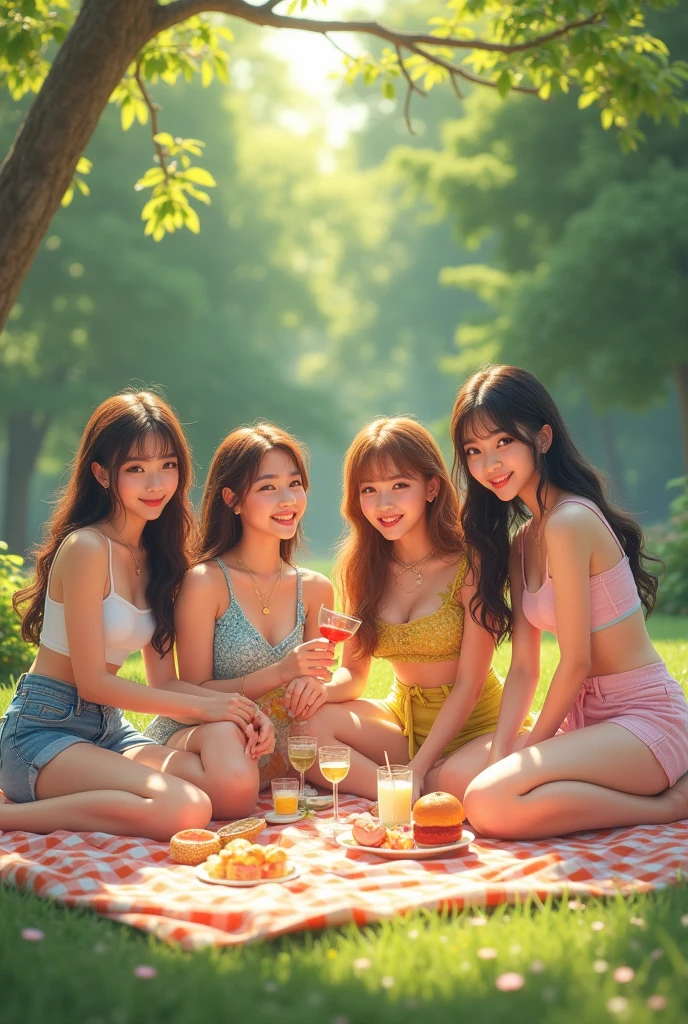 make realistic 4 girl from group I.R.I.S an kpop group, with a friend, summer, musical, picnic concept 