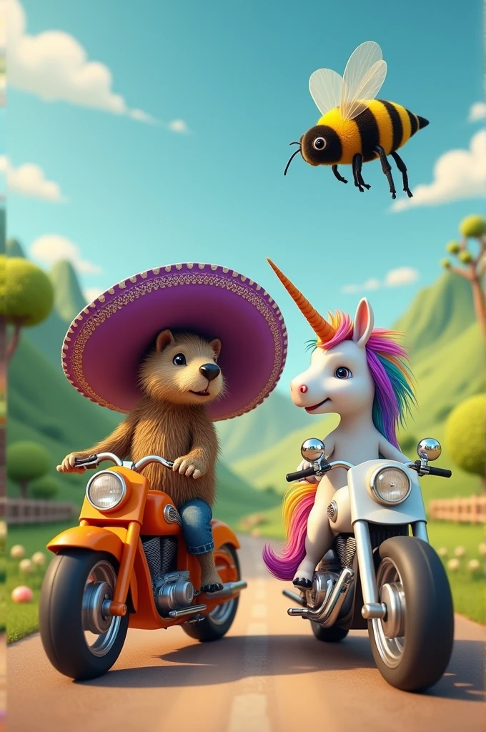 Une marmotte portant un chapeau mexicain violet en compagnie d'un bourdon sur une moto orange et une licorne multicolore sur une moto blanche