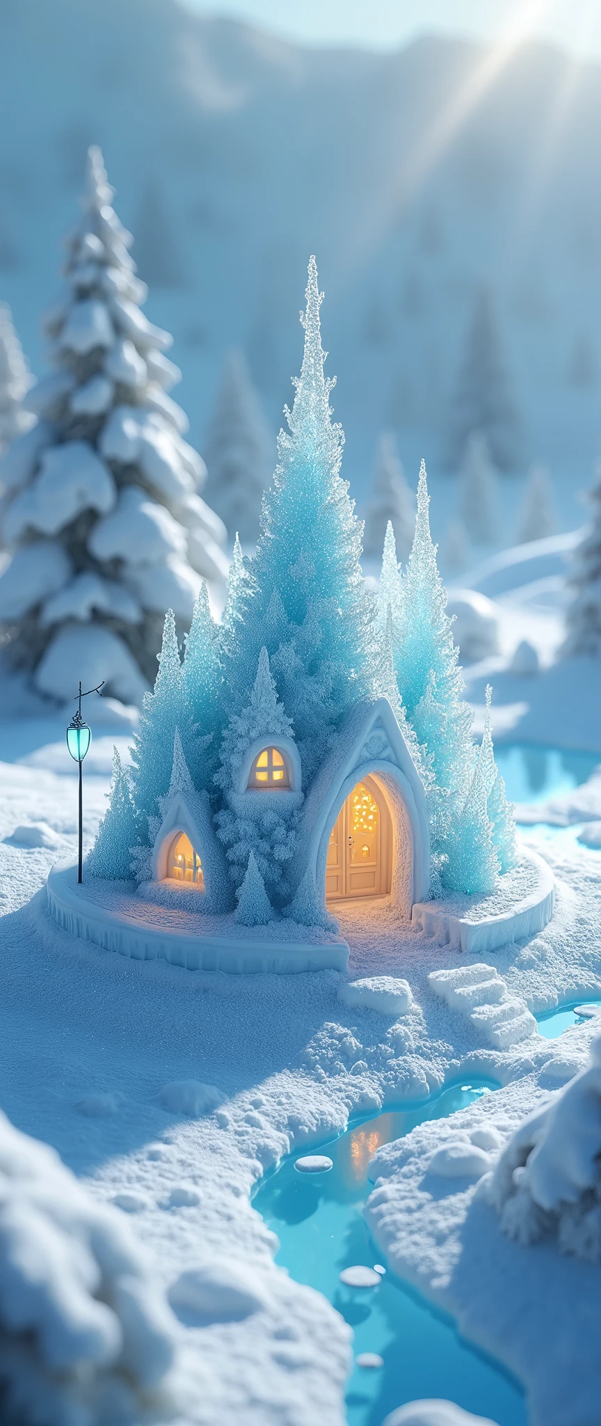 (masterpiece:1.2,Exceptional Quality,mirror-like,Cinematic Experience,Photorealistic,RAW Photos,Super detailed),8k,wallpaper,,(Diamond dust:2.0),(Made of ice:2.0),Cute ice house,(Snow glow:2.0),Artistic,Light of the sun,Isometric 3D Geography