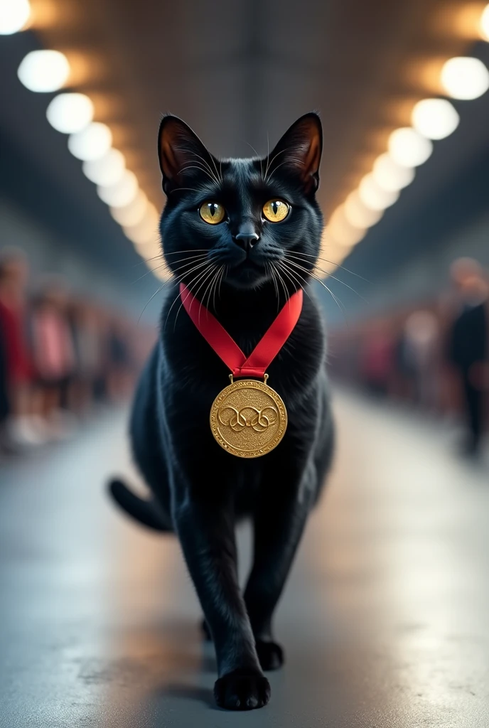 (photorealism:1.2), a black cat with Olympic medal walking on the runway