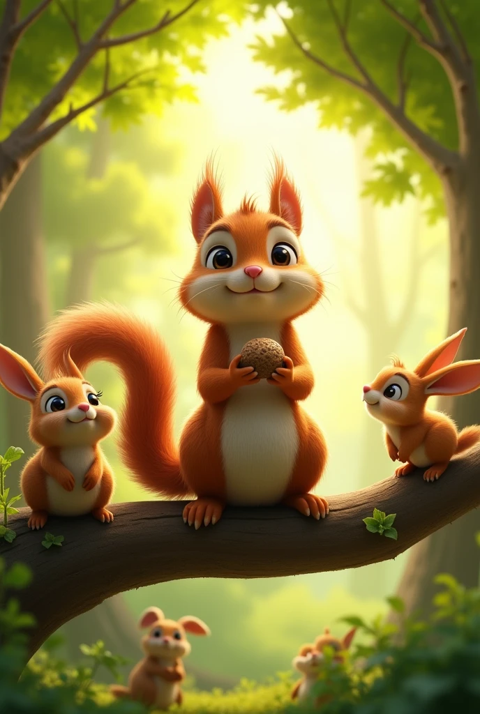 Squeaky the squirrel, now known as the most generous squirrel in the forest, is sitting proudly on a tree branch with a few nuts in his paws. The forest is bright and cheerful, with green leaves returning to the trees, and other animals in the background looking at Squeaky with admiration."