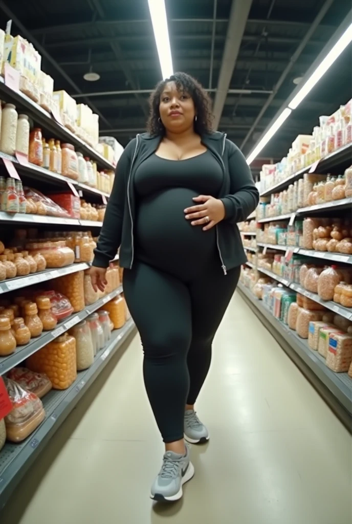 Your POV view of Cardi B's stepmother with a plus size body wearing gym clothes who is heavily pregnant is taking you to the supermarket while shopping.. fisheye camera view, iphone camera style. HD, realface, cinematic