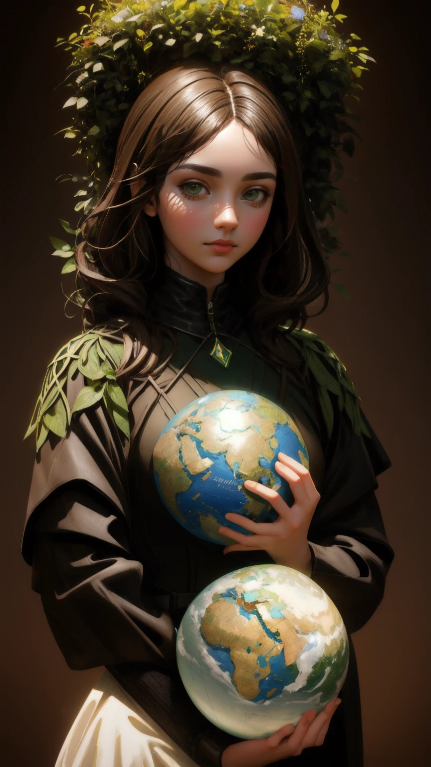 Create an image of a cute girl holding a globe in her hands, set in a brown environment. The scene is a surrealist sculpture inspired by Igor Morski, resembling a ZBrush Central contest winner. The girl embodies Mother Earth, with a full-figured form made of plants, representing a green world. The artwork should reflect environmental themes and incorporate the styles of Igor Morski, Sylvain Sarrailh, and Vincent Callebaut. Use award-winning CGI techniques to bring out the details, with a focus on the brown background to enhance the earthy and natural tones.