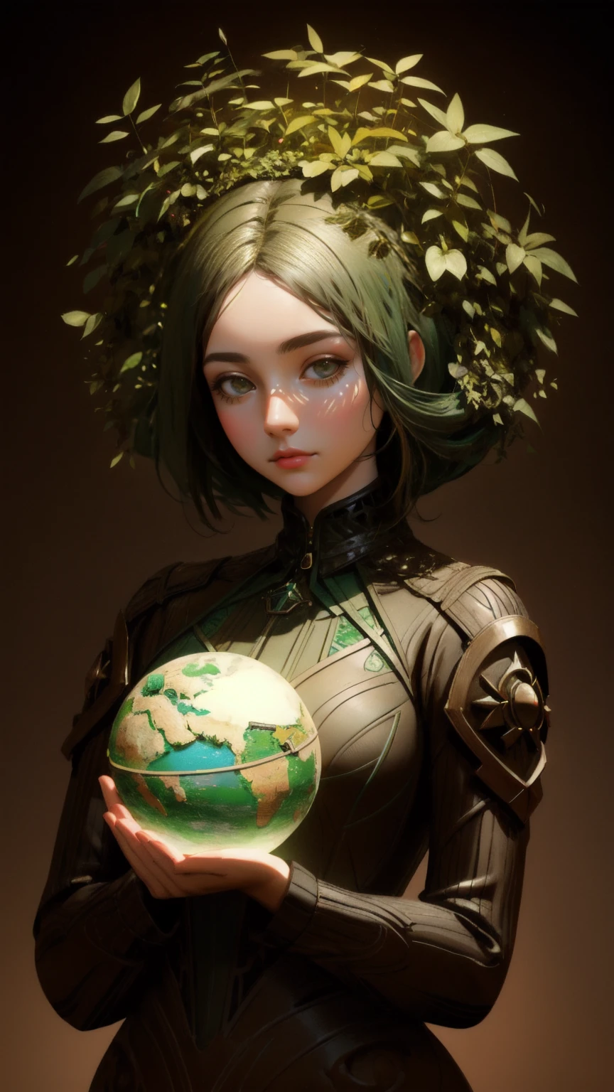 Create an image of a cute girl holding a globe in her hands, set in a brown environment. The scene is a surrealist sculpture inspired by Igor Morski, resembling a ZBrush Central contest winner. The girl embodies Mother Earth, with a full-figured form made of plants, representing a green world. The artwork should reflect environmental themes and incorporate the styles of Igor Morski, Sylvain Sarrailh, and Vincent Callebaut. Use award-winning CGI techniques to bring out the details, with a focus on the brown background to enhance the earthy and natural tones.