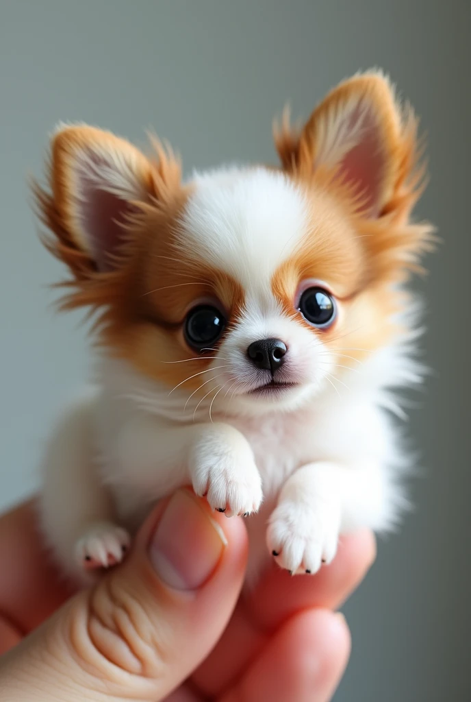 The world's smallest Papillon, (fur white&Sable)Resting on someone's finger, is definitely cute and attractive. This picture is very realistic、Accurately captures the subtle characteristics of small dogs。.