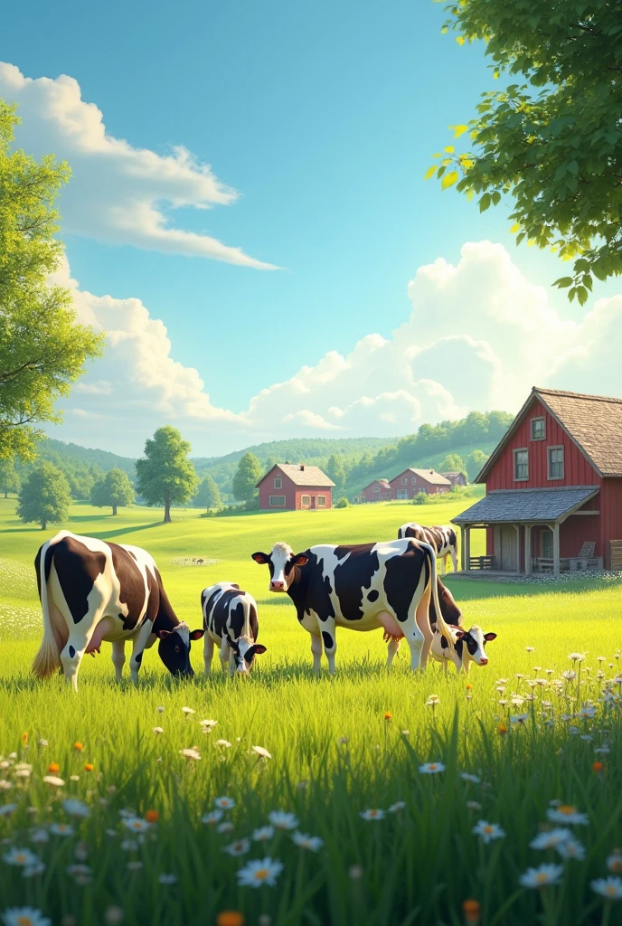 A field with milking cows and farm
