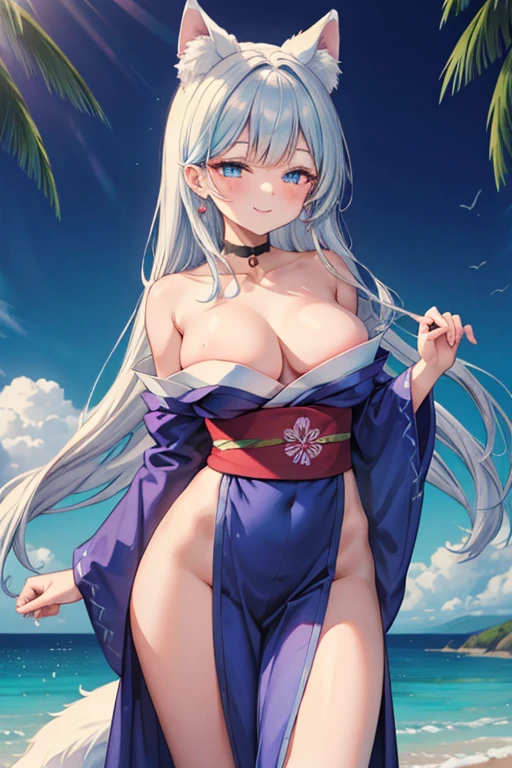 (masterpiece,best quality,ultra-detailed), an anime lady who is at 2, gentle and kind, young yet mature, beautiful, caring, dearing, loving, forgiving, protective, motherly onee-chan. She has ice white side-swiped bangs, ocean blue oval eyes, arctic fox ears and tail, wearing beautiful off-shouder kimono, standing seductively, showing off her curves, smiling at viewer in a nurturing expression, in a summer night
