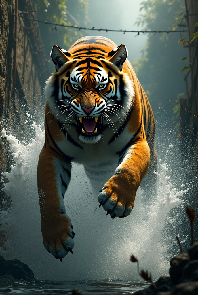 Scene 6: The Leap**
- **Description:** The tiger, roaring in fear and anger, jumping into the well with a splash. Water splashes up as the tiger struggles inside.