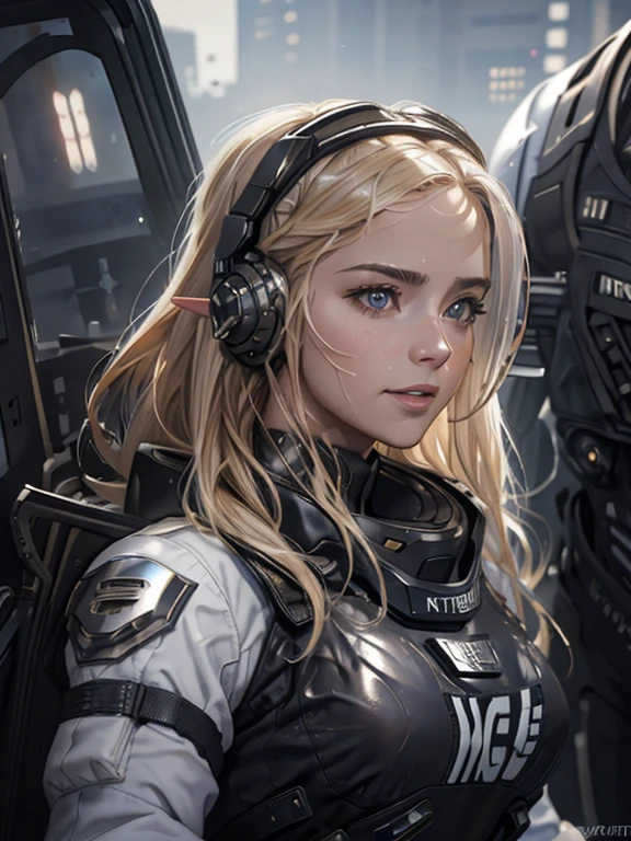 masterpiece, Highest quality, Highly detailed CG Unity 8K wallpapers,((Upper body portrait)), ((Spacecraft hangar)), (Long pointy ears), Elegant long wavy platinum blonde hair, ((Average Chest Circumference, Self-illuminating skin)), ((Special Forces Uniform)), (Functional Headset), (Wet white skin), (Captivating smile), cute, Symmetrical face, fine grain, Key Art, Awards, intricate detail realism hdr, Photorealism, Hyperrealism, Ultra-realistic, Dramatic Light, Strong Shadows, Nice views, Written boundary depth,
