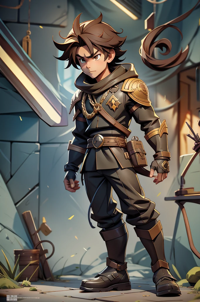 A late-adolescent prince with medium-length brown hair, brown eyes, male, Caucasian, muscular build, black long sleeved shirt, neck gaiter, black boots with metal toes, fingerless gloves, masterpiece, best quality, by artist "anime", Anime Key Visual, Pixiv, Zerochan, Anime art, Fantia, Anime, cinematic lighting, drawn Art, clip studio paint