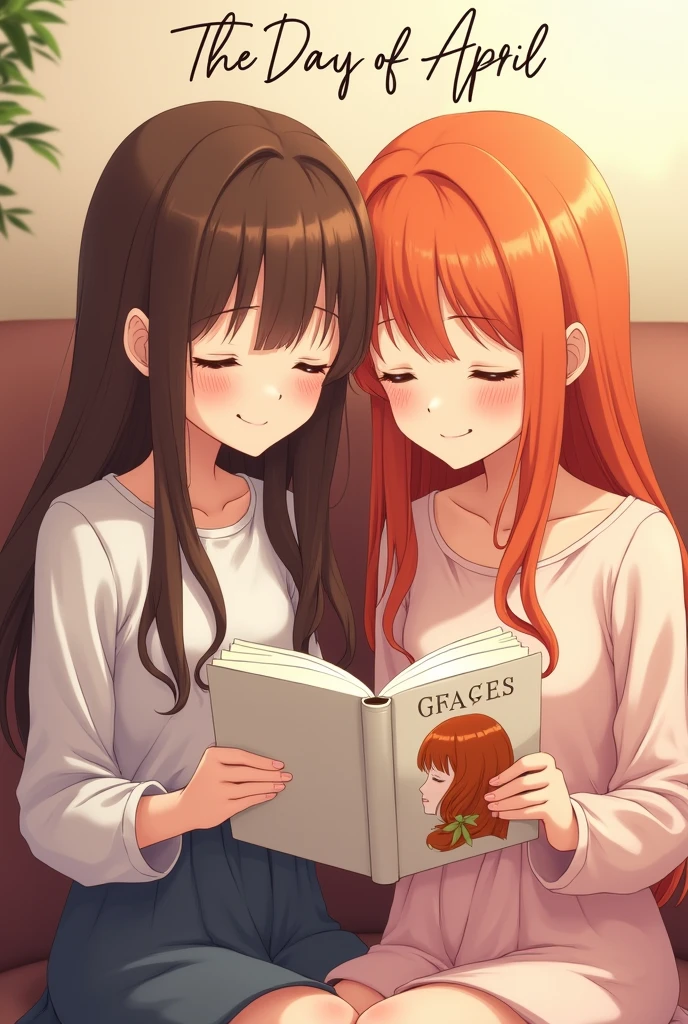 Two anime style softy friends looking at each other one of the girls has long brown hair and the other girl has long orange hair, They are reading a book with their eyes open and smiling. The book is white and has on its cover the profile of a girl with orange hair and above the girls reading is the phrase &quot;The Days of April&quot; in Spanish.