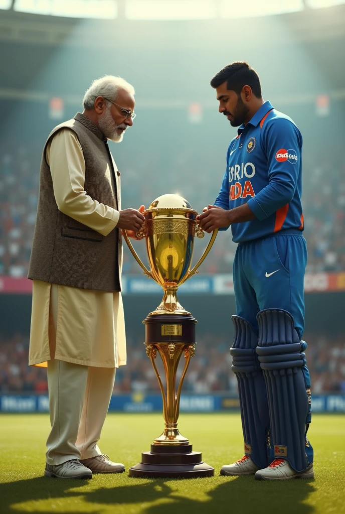 Modi and ms Dhoni is playing cricket  world cup 2011 trophy 