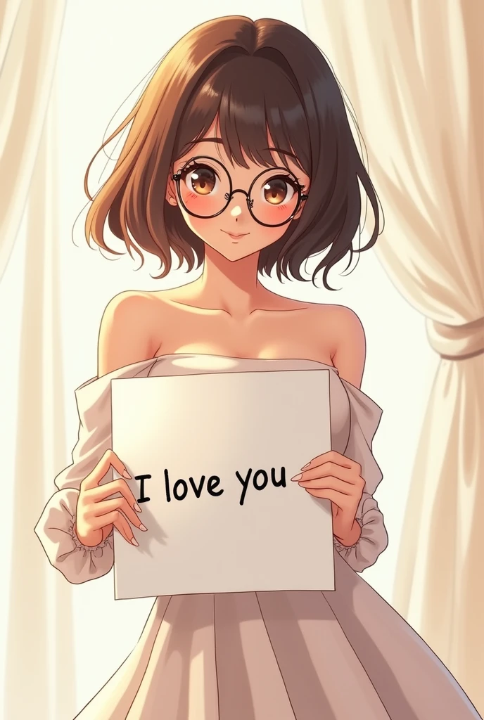 Beautiful girl short long hair with glasses, Jacquemus La Robe Saudade Longue Asymmetrical Dress, holding a white board with text "I Love You",With a large breasts,Anime art
