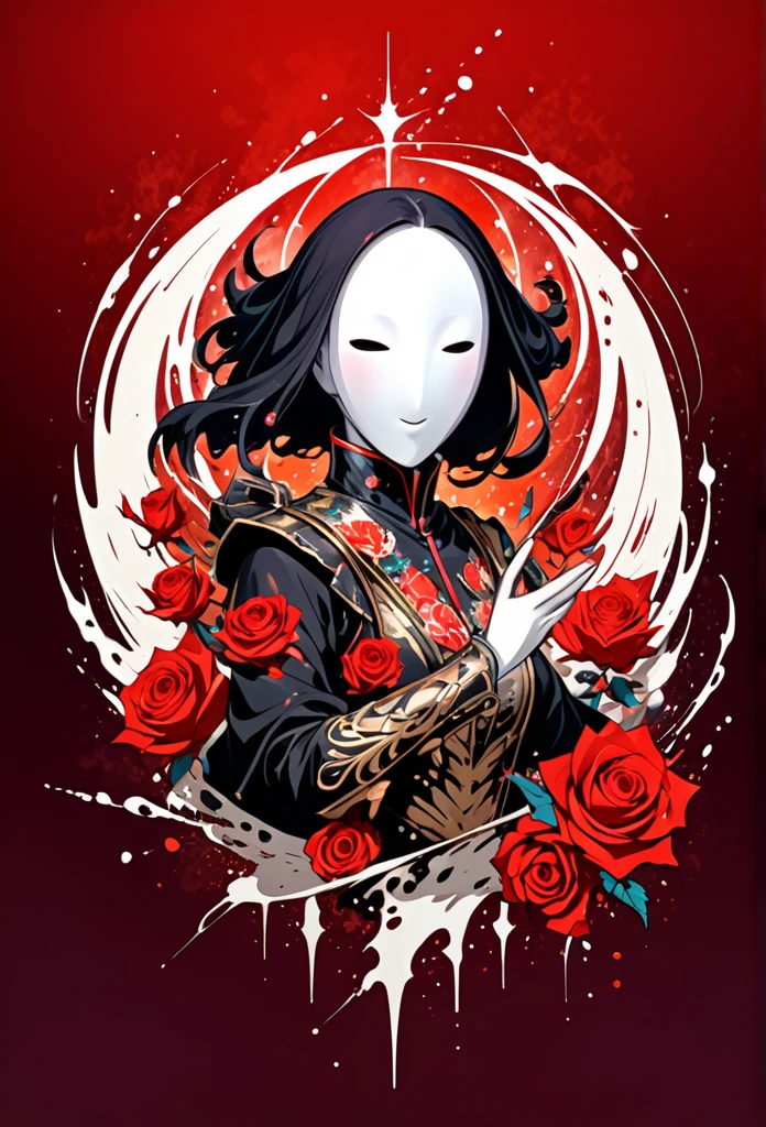 in style of Harry Clarke,character concept design,half body, (ROSE HEAD:1.5) (no face:2.0) paladin,angry,crazy smile，fighting pose，Magic Effects，Metallic details，Red tone，Unknown background，perfect hands,Core Art，The art of spray painting，Splash Art