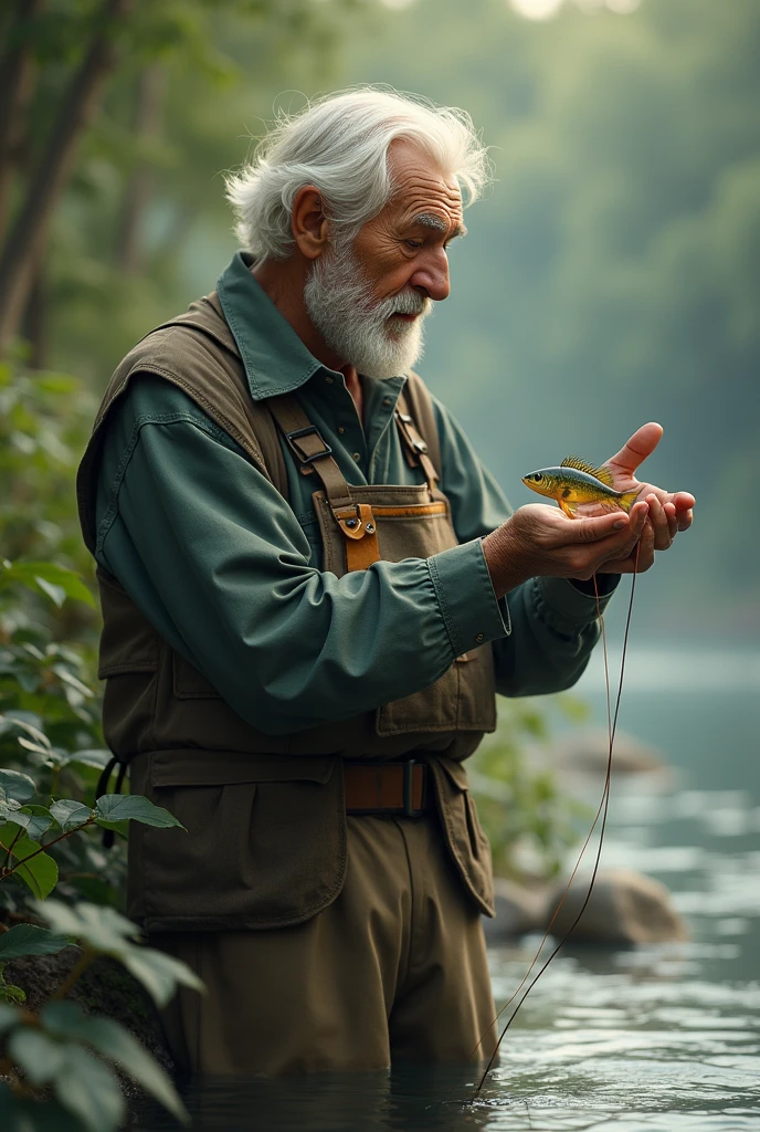 The old man went fishing and caught a beautiful small fish