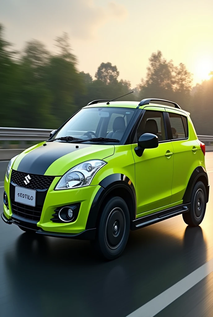 A car , company : Maruti Suzuki, model: Zen estilo, make: 2009, body lime green color , top roof black color. With rain guard and spoilers Create the image. Use side angle view from front side 