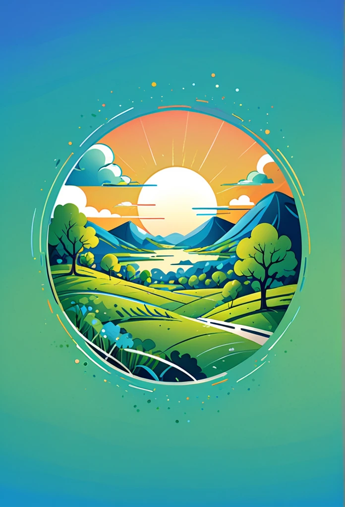 equinox:Sunlight shines through the sparse clouds on the green earth,The sky appears a bright and mild blue,All things are revived。Mobile wallpaper illustration,Nature views, Minimalist illustration, Line illustration, Colorful。circular composition,Flat illustration