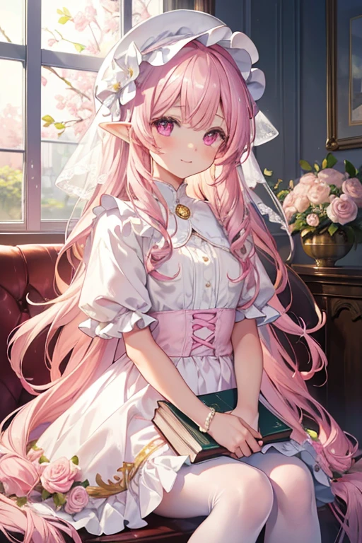 ((masterpiece,High resolution,8K quality,super delicate,highest quality)),girl,young girl,Chiquita,((highly detailed face)),goblin,delicate eyes,(Pink glowing eyes, yellow, And blue),(hairstyle:long wave,strong wavy hair,soft wavy hair,pink),pointed ears,Lens flare,white and pink lolita dress,white ruffles,Half bonnet with pink roses on white fabric,white panniers,pink tights,shy smile,Pink Rose Garden,Light of the sun,pink petals,Sitting in a white chair,I read a book,