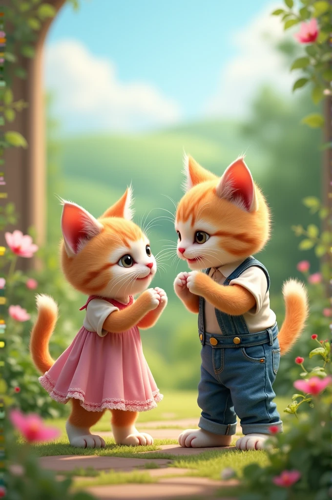 A small girl cat in pink frock and a small boy cat in blue jeans fighting with each other in a garden