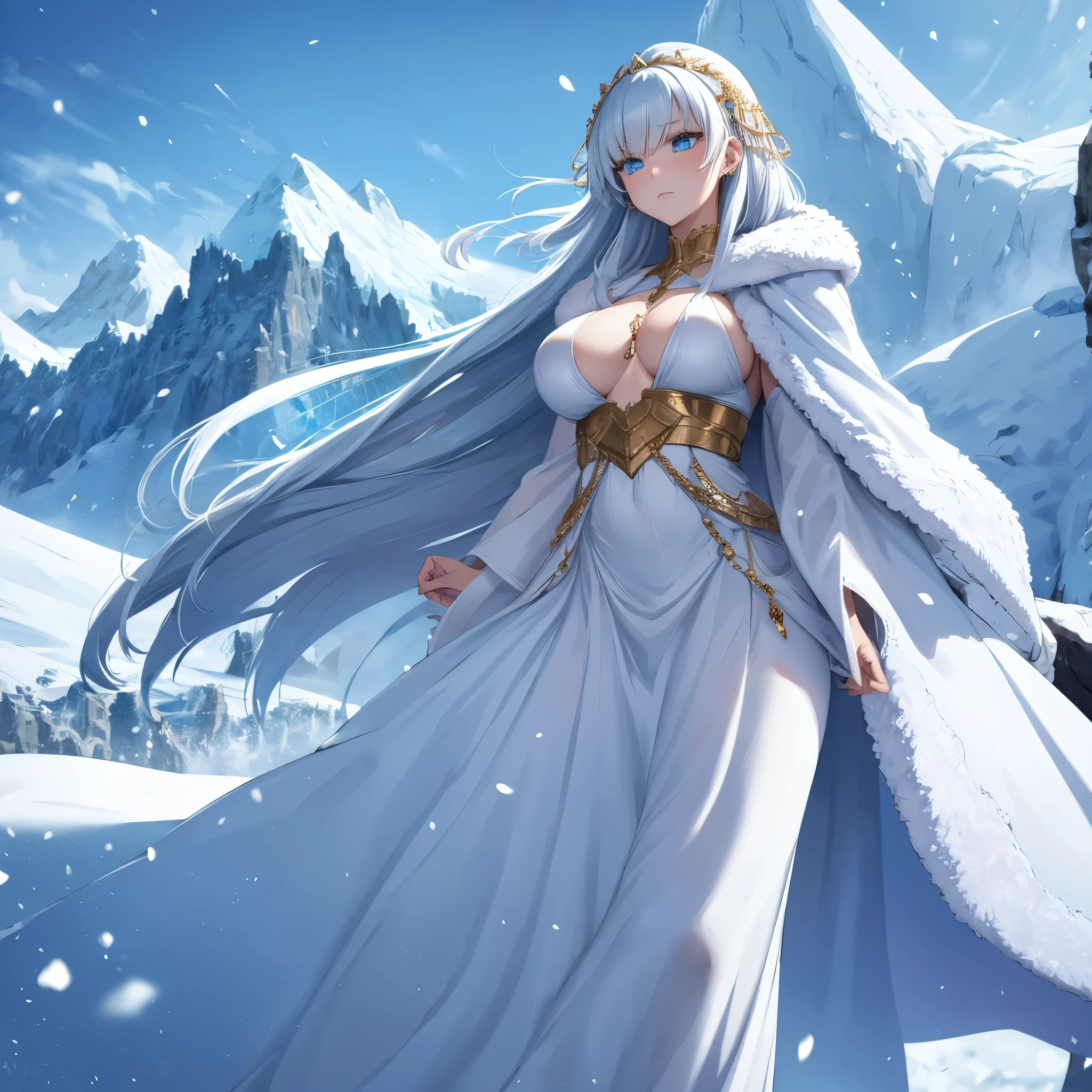 a woman wearing white dress with gold details, long dress, wearing an ice blue fur cape, long bank hair, ice blue eyes, walking at the bottom of an ice castle, winter location with ice mountains in the background, snow fog ice in place, cold expression, big breasts,HDR, masterpiece, well defined, ultra resolution, high quality, 8k HD. (just a woman, solo)
