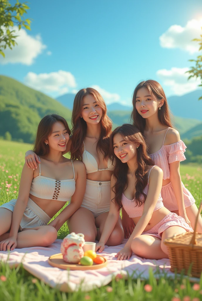 make realistic 4 girl from group I.R.I.S an kpop group, with a friend, summer, musical, picnic concept, with unrevealing outfit for their album photo and mv thumbnail