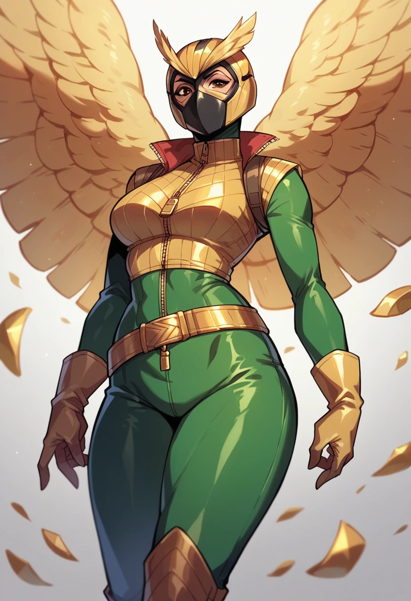 1girl, latina, owl helmet, black cover-eye mask, gold bird-wings, gold top, zip-up, gold belt, green leggings, high boots, marvel