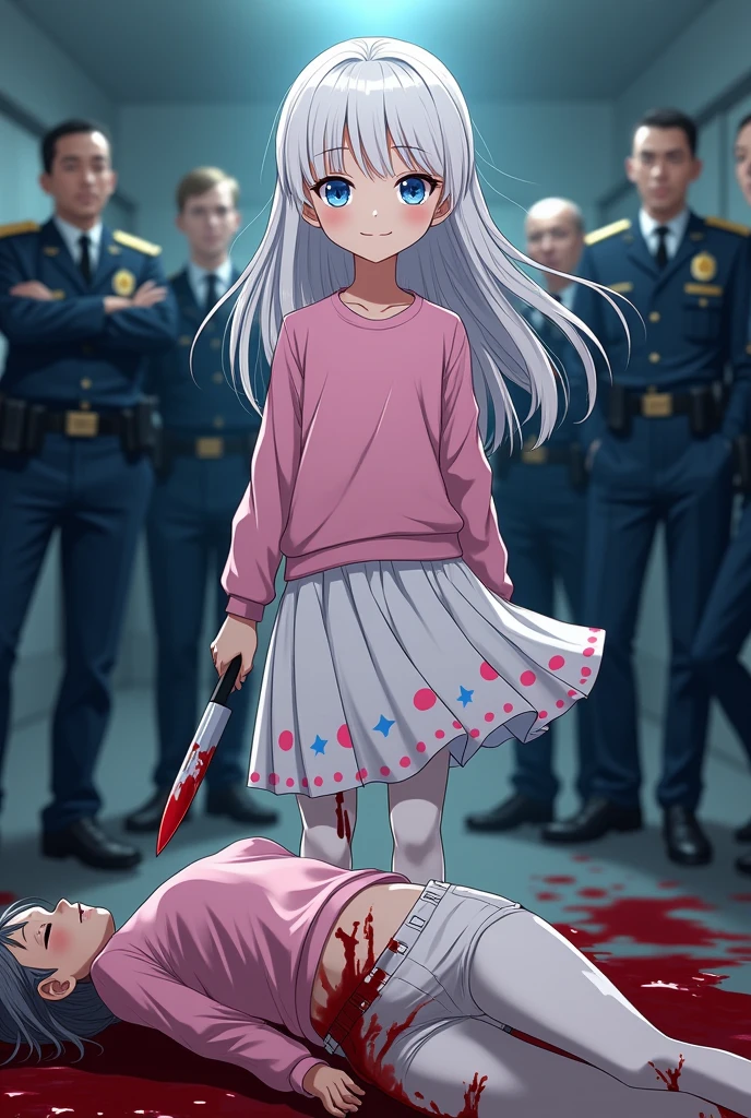 I want an anime girl that has blue eyes white hair very pale skin happy with a smiling face with pink clothes pink shirt and pink pantyhose and with a white skirt with pink dots and blue stars on the skirt with blood on her clothes and in her hand a knife  with which she has blood on her clothes and a dead person in front of her with clothes soaked in blood and many policemen behind her