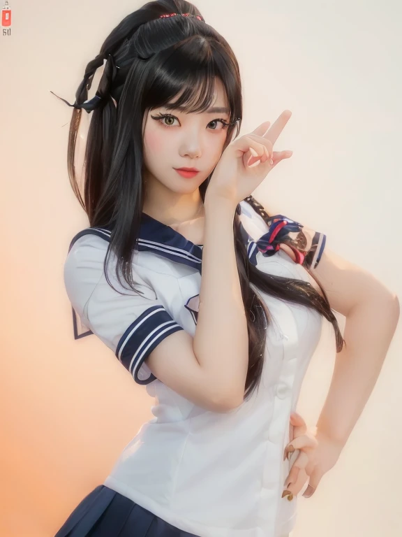 Arafed image of a woman dressed as a sailor posing for a photo., trend on cgstation, trend on cgstation, ulzzang, korean idol woman portrait, sailor uniform, guweiz, sakimichan, She has black hair with bangs, ig model | artegerm, cosplay chica anime, loose coat collar sailor uniform