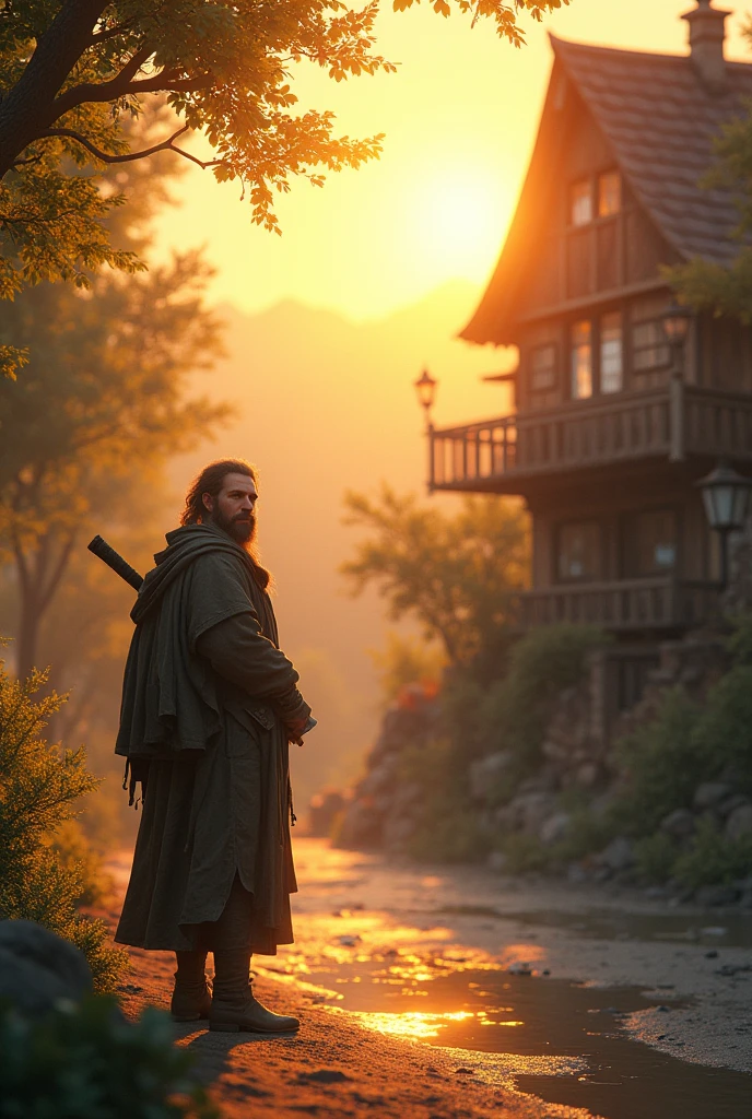 The traveller taking deep relief, at the end of village with beautiful sunshine Infront of him.