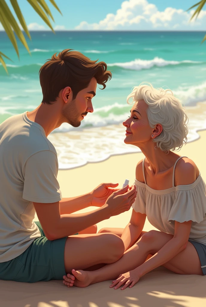 Beach meet young man puts sunscreen on old woman