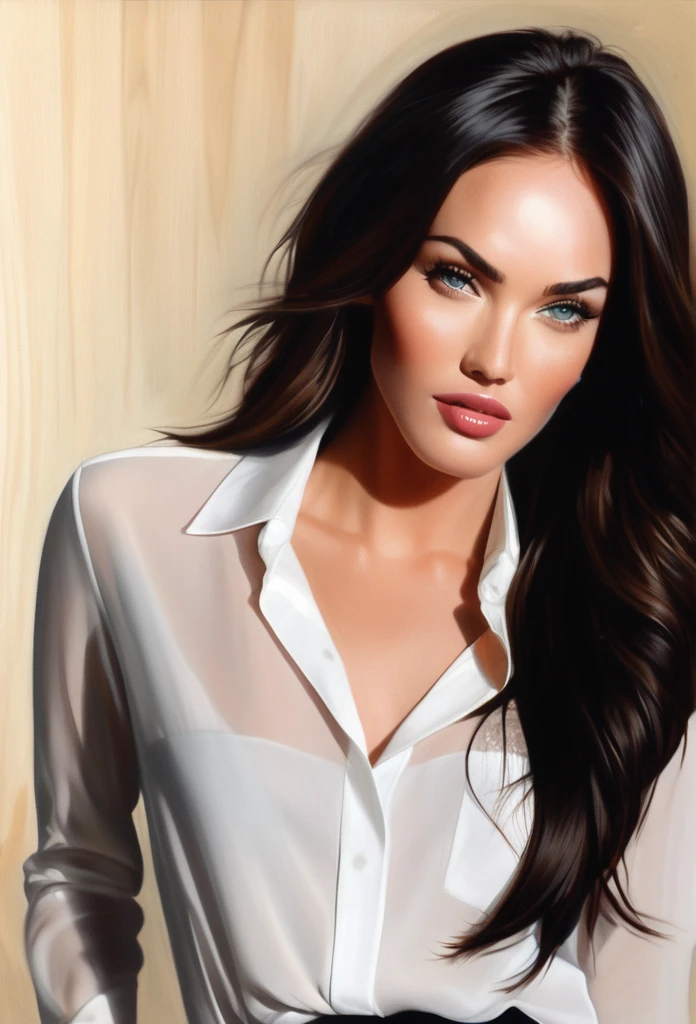 (MeganFox)drawing of the face of a 3 woman,long hair,dark haired,white satin shirt