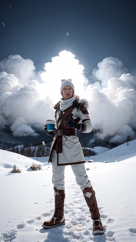 cartoon modern warrior in a winter scene, the warrior should be holding a hot cup of chocolate drink in one hand, dressed in white, standing in a very snowy environment, snow falling, animated look, cartoon character, very high definition, brightly lit white environment, octane lighting