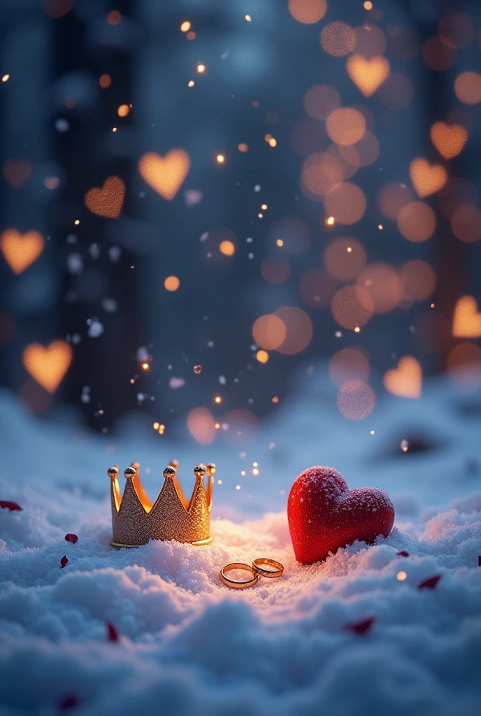 (photorealism:1.2), a text written "IT'S YOU" in capital , letters written " V♡I" under the above text, beautiful dark snow background, filled with small heart glittery lights,  a beautiful night snow scenery background, snowfall, a small crown, a small red heart , two small rings lying on snow together, a infinity symbol, everything glittery 