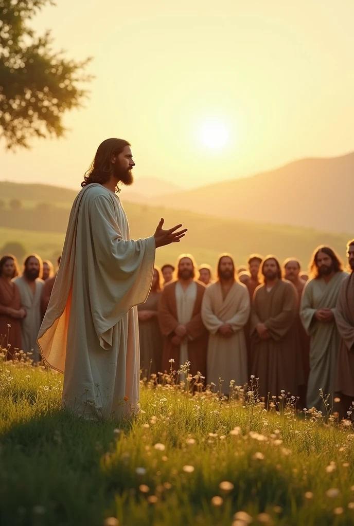 "The image shows Jesus standing in a green field, surrounded by a large crowd of people sitting on the grass. He is dressed in a simple tunic, and his arms are outstretched, as if he were teaching. His disciples are beside him, with worried expressions, looking at crowd. The scenery is sunny and peaceful, com colinas suaves ao fundo."