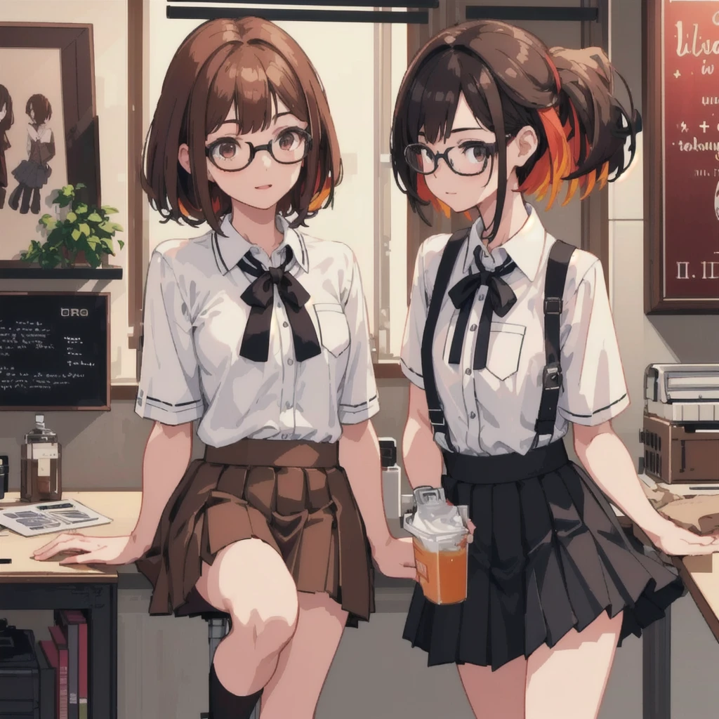 2girls,
1girl wearing round thick frame glasses, brown hair in twin braids, student uniform with short skirt, 1girl with black bob haircut, short hair to shoulders, oversized short top that exposes shoulders and chest, short shorts, (best quality,4k,8k,highres,masterpiece:1.2),ultra-detailed,(realistic,photorealistic,photo-realistic:1.37),highqualitydetails,highqualityfabric,studio lighting,vibrant colors,warm color tones,natural lighting