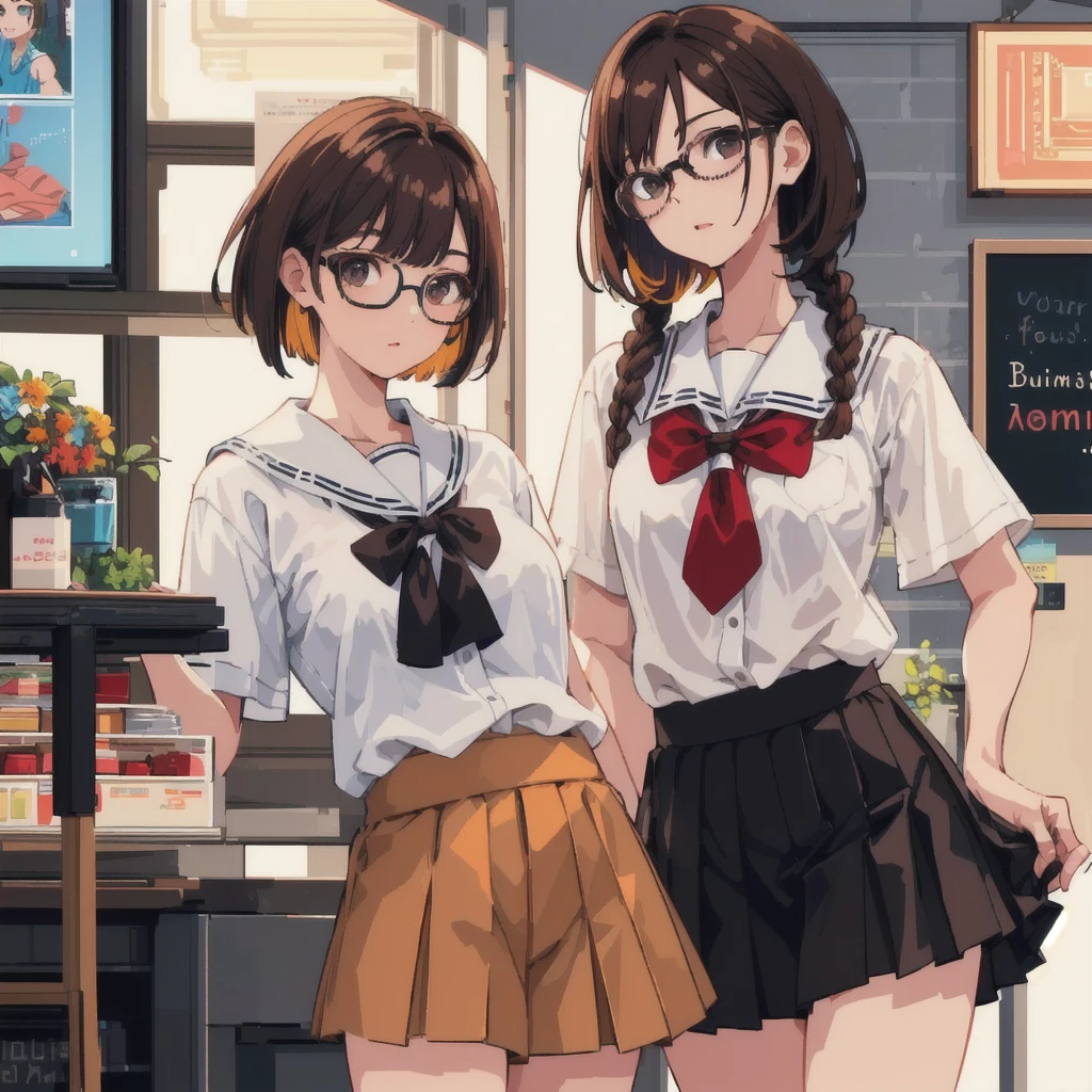 2girls,
1girl wearing round thick frame glasses, brown hair in twin braids, student uniform with short skirt, 1girl with black bob haircut, short hair to shoulders, oversized short top that exposes shoulders and chest, short shorts, (best quality,4k,8k,highres,masterpiece:1.2),ultra-detailed,(realistic,photorealistic,photo-realistic:1.37),highqualitydetails,highqualityfabric,studio lighting,vibrant colors,warm color tones,natural lighting